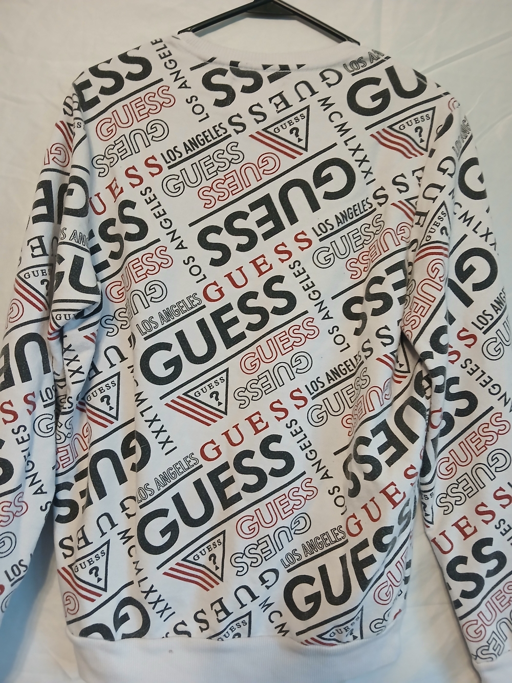 GUESS Logo Print  Sweatshirt - White with Black & Red Logo Allover Size Med